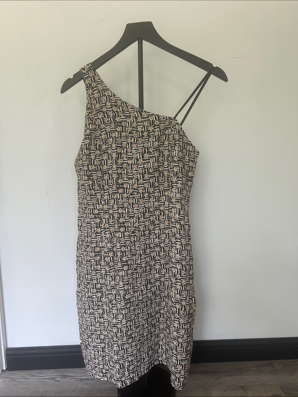 Vintage One-Shoulder Black and Cream Patterned Dress